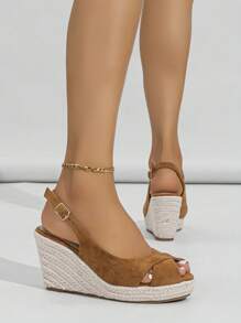 Women's 2025 Fashionable Solid Color Beach Straw Travel Versatile Wedge Platform Open Toe Sandals - Brown - View 3