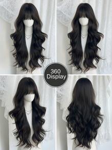 NICKY WALL 优雅女士长款自然黑色假发，带刘海，30 英寸波浪卷发合成假发，自然蓬松，耐热纤维发，全编织假发，适合日常派对使用 - 黑棕色 - 查看 7