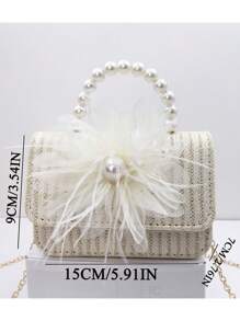 Straw Messenger Bag, Portable Faux Pearl Beaded Lace Bow Tote Bag, Ideal Gift Choice - White-beaded Bow - View 4