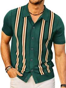 Maglione a maniche corte con bottoni, colletto polo a righe, casual, adatto a primavera/estate, per uso quotidiano, attività all'aperto, streetwear, feste, vestibilità classica, stile elegante, girocollo, leggero, abbigliamento versatile, vestibilità regolare, cardigan a maniche corte per uomo