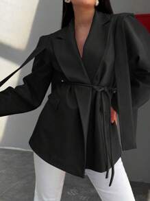 女士纯色翻领长袖宽松休闲西装外套，优雅春季穿搭，秋季女装 - 黑色 - 查看 1