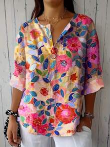 Women's Floral Print Shirt (Non-Positioning Print) - Multicolor - View 1