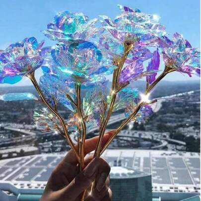 1/3/10 件人造塑料玫瑰激光保鲜花装饰彩虹花带茎，永恒浪漫特别礼物，适用于婚礼、家居装饰、情人节、母亲节、周年纪念、生日、节日、假日和派对装饰