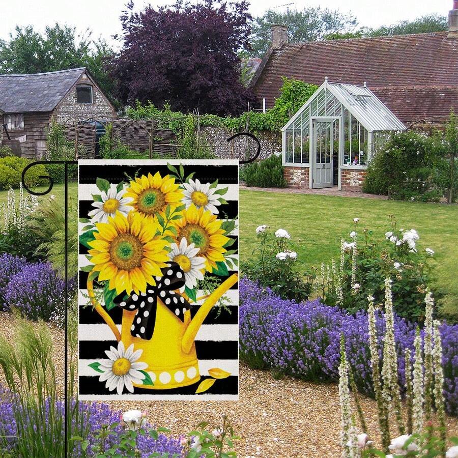 1pc Sunflower & Bee Floral Watercolor Plant Design Garden Flag, Double-Sided Vertical, Cute Fresh Style Garden Flags For Lawn, Garden, Patio, Outdoor/Indoor House Porch Decor, Holiday Party (No Flagpole)