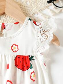 Baby Summer Cute Strawberry Flower Pattern Lace Little Cap Sleeve Princess Dress - White - View 4