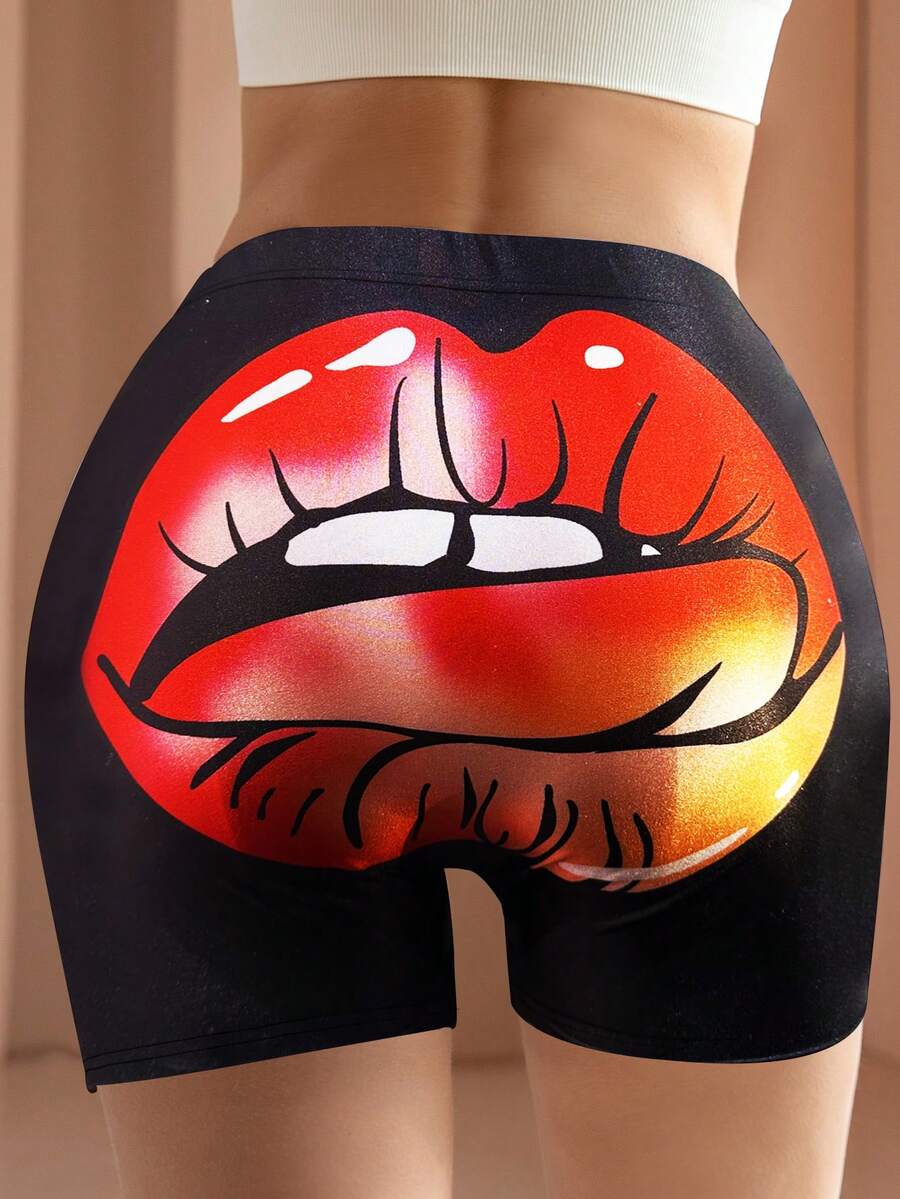 夏季薄款紧身弹力涤纶闪亮性感唇膏印花短裤