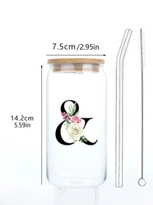1 buc. Flori imprimate 3D, litere negre, ceașcă de sticlă cu capac, paie și perie cu paie, 16 oz, sticlă de apă, reutilizabilă, simplă, transparentă, de băut pentru lapte, ceai, petrecere, cafea, personalizată, creativă, utilizare în aer liber