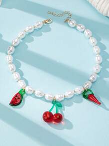 1pc Summer Cherry Charm Necklace, Boho Faux Pearl Beaded Necklace With Chili, Watermelon, Strawberry Charms, Handmade Jewelry For Women (Color And Shape May Vary)