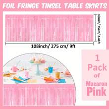 1 Pack Pink Foil Fringe Table Skirt, Pastel Color Pink/ White/ Yellow/ Green Metallic Tinsel Streamers Garland Banner Backdrop For Parade Float, Birthday, Thanksgiving, Christmas, Babyshower Party Table Decorations