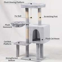 Multi-Level Cat Tree Tower With Scratching Posts, Hammock & Condo - Grey Plush Cats Activity Center For Indoor/Outdoor - Grey - View 3