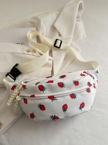 Nylon Crossbody Bag, Solid Color Shoulder Bag, Women's Casual Sling Purse For Outdoor Sports, Strawberry Pattern - White - View 6