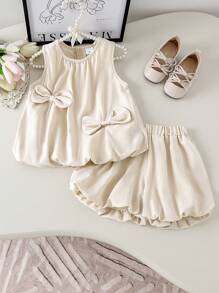 2 件套年轻女孩休闲可爱蝴蝶结装饰无袖上衣和荷叶边短裤套装，夏季 - 杏色 - 查看 2