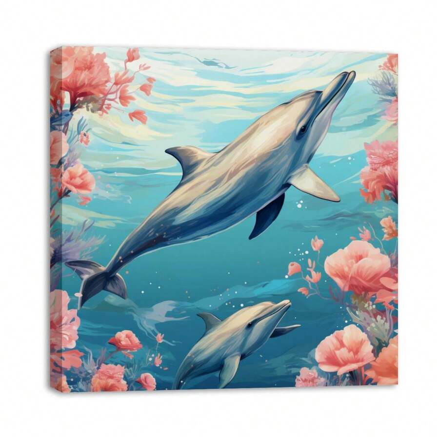 1 Piece Home Decor Wall Framed Canvas Sea Dolphin Pattern Home Decor Framed Canvas Wall Art Paintings For Living Room - Canvas Framed Print Wall Artworks Bedroom Decoration Office Wall Decor