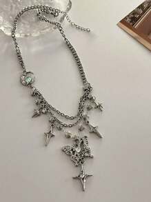 1pc Sweet & Chic Butterfly, Star, Moon Tassel Necklace Women, Multilayer Star Moon Chain Stainless Steel Jewelry - Silver - View 4