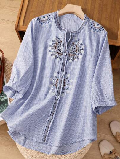 复古宽松花卉刺绣休闲 T 恤衬衫，优雅波西米亚风格衬衫，适合通勤和日常穿着，春秋季