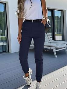 Women's Solid Color Casual Minimalist Versatile Slim Fit Elastic Waist Pants, Suitable For Running, Vacation, Home Wear, Spring/Summer - Navy Blue - View 3
