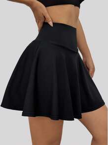 口袋运动裙，高腰无缝防走光双层迷你裙，网球裙，健身舞蹈网球裙，性感高腰短裤，户外防漏慢跑短裤，纯色简约日常百褶裙裤 - 黑色 - 查看 5