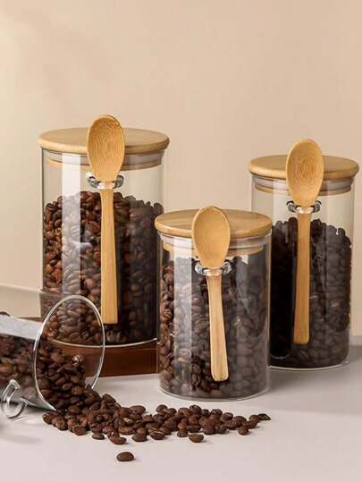 1pc Sealed Glass Jar With Lid And Spoon, Candy Jar, Transparent Spice Jar, Food Storage Canister, Coffee Bean Storage Jar, Kitchen Storage Box, Glass Bottle