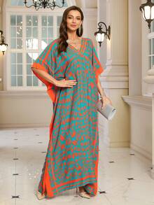 Woven Fabric V Neck Batwing Sleeve Arabian Dress Long Bright Multi-Color Print Kaftan For Women
