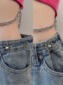 1pair Flower Pin Jeans Skirt Waist Adjuster - Waist Size Adjustable Buckle For Jeans Skirt, Prevents Pants From Slipping Down, No Need For Nails - Silver - View 7