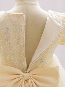 H HIBOBI 女婴3D立体花朵贴花亮片细节大蝴蝶结露背网纱派对连衣裙 - 香檳色 - 查看 6