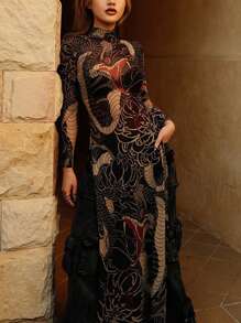 Summer Street Snake Print Semi High Neck High Slit Long Top - Khaki - View 3