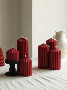 北欧简约几何尖锥条纹圆柱香薰蜡烛、家居装饰、婚礼道具 - 酒紅色 - 查看 2