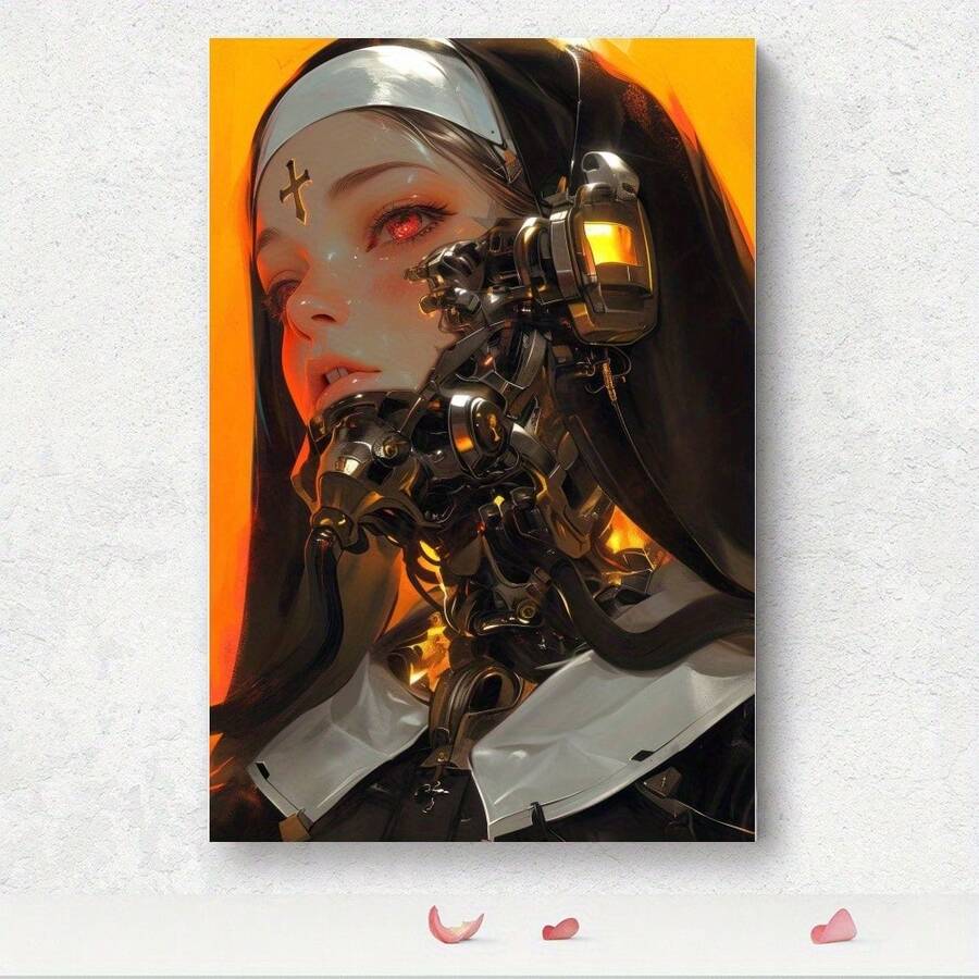 Cyberpunk Nun Wrapped Canvas Printing Poster-1 Pc Wooden Framed Canvas Painting -  Thickness 2.25cm/0.9inch,Valentine's Day Decorations At Home,Valentine's Day,New Year,Home Gift Decoration, Room Decoration Aesthetic, Wall Decoration Art, Perfect Gift, Autumn And Winter Wall Decoration, Living Room Decoration, Bedroom Decoration, Kitchen Decoration, Entry Decoration, Bathroom Decoration, Direct Wall Painting, High Quality Wall Painting Poster ,Easter  Easter Decorations For Women