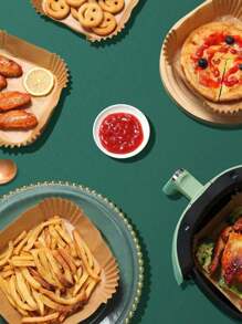 100 pièces de papier sulfurisé carré et rond jetable pour friteuse à air, papier anti-huile pour la cuisson, le barbecue, les activités de plein air. Doublures pour friteuse à air, accessoires de cuisine pour friteuse à air