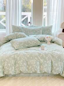 2/3pcs Flower Printing, Small Floral, Leaves, Cotton Anti-Pilling, Girls, Students, Fresh And Simple, Super Soft, Lovely, Four Seasons, Sanding Quilt Cover, Home Bedding, Kit, Excluding Quilt Core,Twin Queen King - Pastel Green - View 9