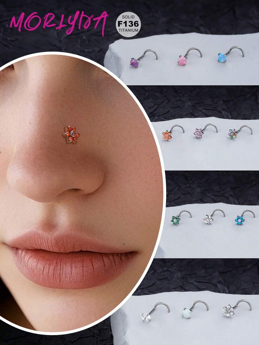 1pc Titanium Opal Threadless Push-In Nose Studs 20G Flower Multi-Functional CZ Crystal Nose Earrings Studs Screw Studs Nose Five-Pointed Star Square Hypoallergenic L-Shaped Eye Nose Studs Body Piercing Jewelry, 5A Grade Cubic Zirconia Nose Nails For Woman Girls Man Daily Wear Halloween Nose Studs Piercing Jewelry For Summer Travel, Wedding, Party, Birthday, Daily Matching, Nice Gift For Friends - Multicolor - View 1