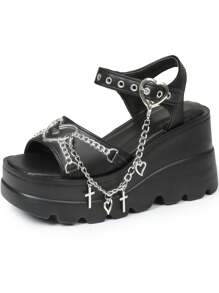New Black Summer Slope Heel Shoes For Woman Thick Bottom Women's Punk Fashion Sandals For Women Casual Slippers Comfortable Shoes Women's Gothic Style Cross Chain Detail Platform Sandals Summer Shoes - 黑色 - 查看 11