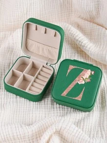 1pc Caixa de joias rosa com flores rosas, caixa de joias de viagem da moda com letras de ouro rosa, caixa de joias de viagem de presente personalizada, presentes de aniversário para mulheres, presentes de Natal para meninas adolescentes, iniciais, caixa de joias de viagem A-Z