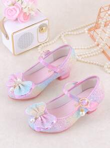 Girl's Rainbow Princess High Heels Shoes, Children's Crystal Leather Shoes For Spring And Autumn