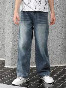 Pantalones vaqueros azules de moda casual y cómodos para adolescentes, adecuados para uso diario y vuelta al colegio, lavado vintage de alta calle con efecto desgastado | Pierna recta ajustada | Pantalones vaqueros con caída