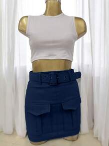 Cargo Skirt With Belt In Gabardine. - 藏蓝色 - 查看 2