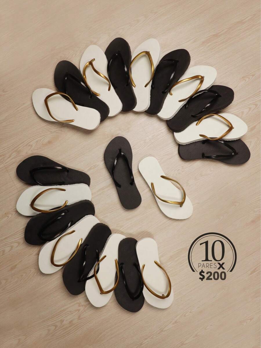 Paquete de 10 pares de sandalias planas tipo chanclas básicas para mujeres, sencillas, prácticas y multifuncionales. - Negro - Ver 1