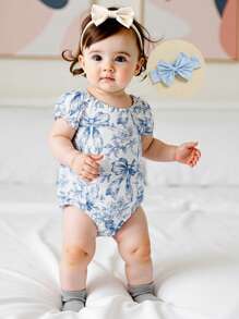 Baby Girl Bow Print Romper Ruffle Sleeve Bodysuit With Bow Headband Cute Summer Clothes 2Pcs Set - Blue - View 9