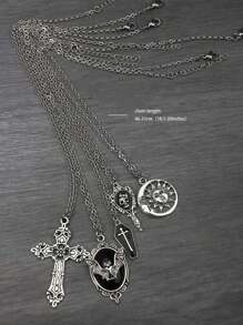 5pcs Y2K Vintage Gothic Punk Rock Bat Gem, Cross, Coffin, Arrow Through Heart, Red Heart, Star Pendant Necklaces Set, Stainless Steel Chain, Bohemian, INS Style