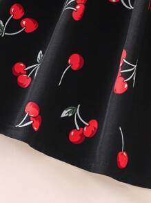 Girls Cherry Print Square Neck Puff Sleeve A Line Dress For Summer - Black - View 5