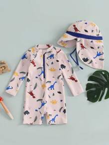 6M-4T Toddler Baby Boy Girls Dinosaur Swimsuit Half Zipper Long Sleeve Rash Guard Bathing Suit With Sun Hat With Neck Flap 2Pcs Set - Khaki - View 5