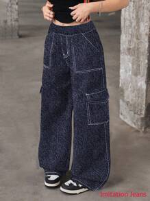 1pc Tween Girls Casual Loose Outdoor Sports Exercise Denim Effect Multi-Pocket Straight Leg Pants, Spring/Summer/Autumn/Winter - Blue - View 1