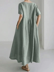 Váy lanh rộng rãi thanh lịch cho nữ, váy dài màu trơn cổ tròn tay ngắn có túi đơn giản, mùa xuân/hè - Màu xanh Bạc hà - Xem 2