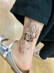 Cyan sea 1pc Black Minimalist Withered Tree Magic Book Falling Leaves Temporary Tattoo, Personal Semi-Permanent Waterproof Non-Reflective Sticker Arm Fake Tattoo Suitable For Fashion People