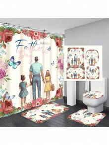 1pc/4pcs Father's Day Printed Multipurpose Bathroom Decor Set - Waterproof Shower Curtain With 12 Hooks, Slip-Resistant Bath Mat, U-Shape Toilet Mat, Round Toilet Lid Cover, Suitable For All Bathroom Scenarios Back To School