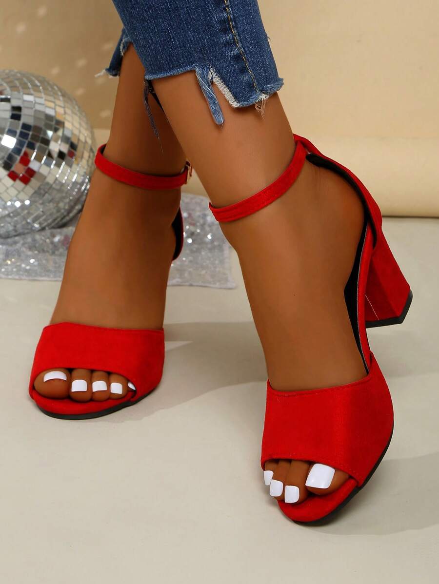 大码女式粗跟露趾凉鞋，新款优雅休闲一脚蹬高跟鞋，时尚假日凉鞋 - 紅色 - 查看 1