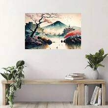 Framed  Japanese Landscape & Adults - Serene Mountain & Pagoda Reflection, 12x18in  Canvas, The Perfect Decorat Gift