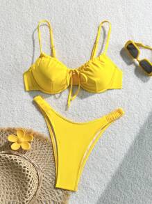 Bright Yellow Women's Ruched Design Bikini - Yellow - View 1