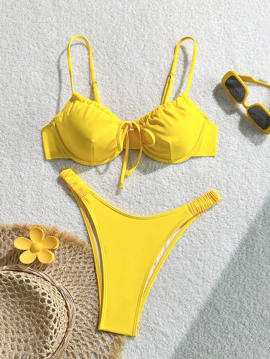 Bright Yellow Women's Ruched Design Bikini - Yellow - View 1