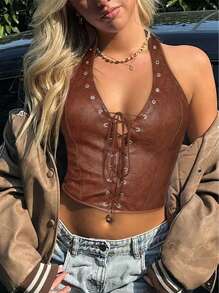 Women's Vintage Spooky Texture Floral Pu Leather Eyelet Lace Up Tie Front Deep V Neck Corset Shapewear Crop Halter Top Vacation Going Out Gothic Style Outfits - màu nâu - Xem 5